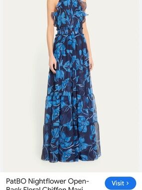 PatBO Navy Blue and Bright Blue Floral Chiffon Maxi Dress
